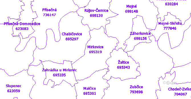 Katastrální mapa Mirkovice - přehledová mapa katastrálního území