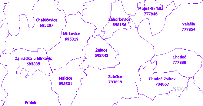 Katastrální mapa Žaltice - přehledová mapa katastrálního území