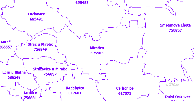 Katastrální mapa Mirotice - přehledová mapa katastrálního území