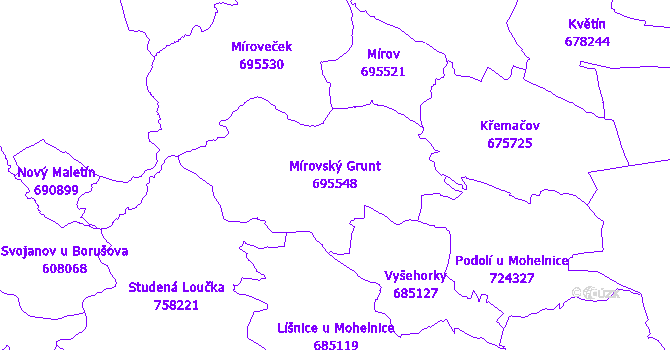 Katastrální mapa Mírovský Grunt - přehledová mapa katastrálního území