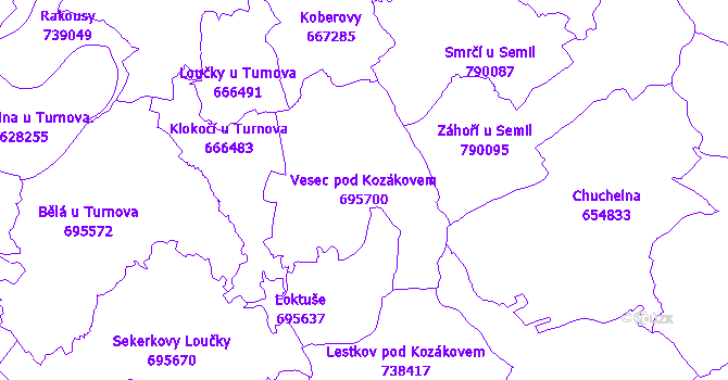 Katastrální mapa Vesec pod Kozákovem - přehledová mapa katastrálního území