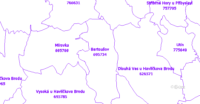 Katastrální mapa Bartoušov - přehledová mapa katastrálního území