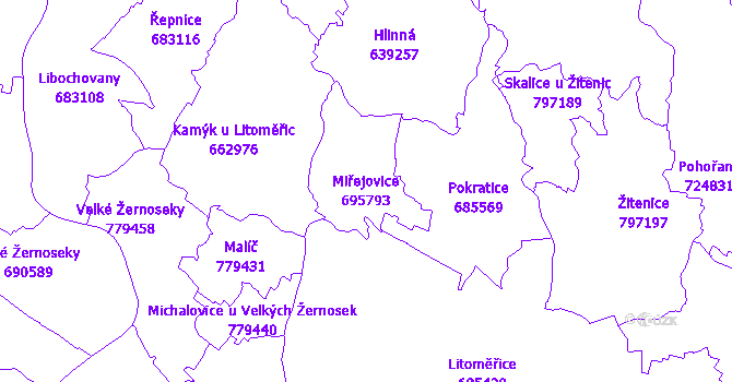 Katastrální mapa Miřejovice - přehledová mapa katastrálního území