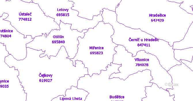 Katastrální mapa Miřenice - přehledová mapa katastrálního území