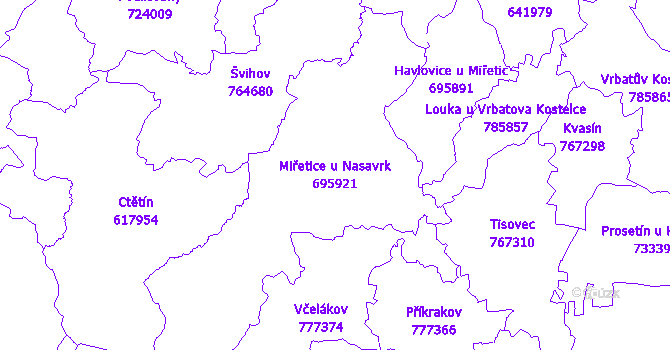 Katastrální mapa Miřetice u Nasavrk - přehledová mapa katastrálního území