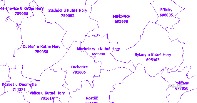 Katastrální mapa Mezholezy u Kutné Hory - přehledová mapa katastrálního území