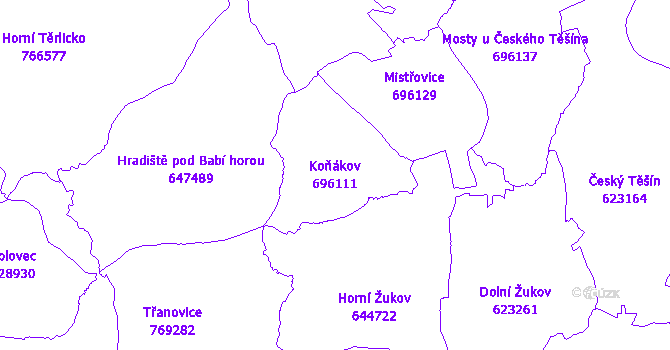 Katastrální mapa Koňákov - přehledová mapa katastrálního území