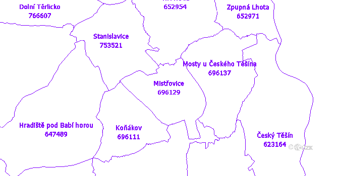 Katastrální mapa Mistřovice - přehledová mapa katastrálního území
