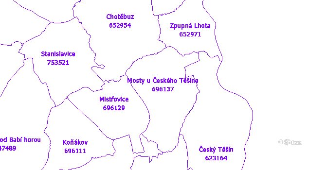 Katastrální mapa Mosty u Českého Těšína - přehledová mapa katastrálního území