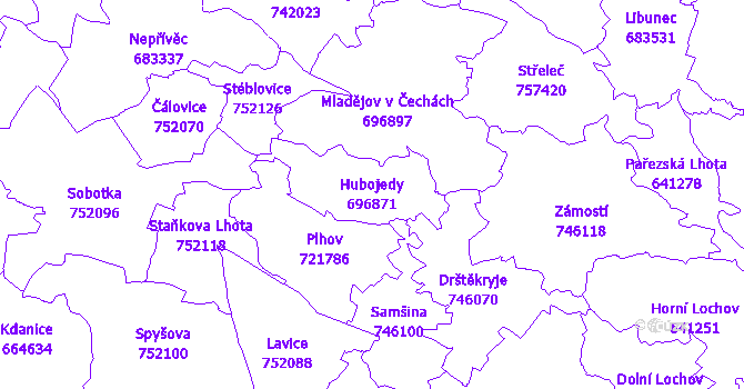 Katastrální mapa Hubojedy - přehledová mapa katastrálního území