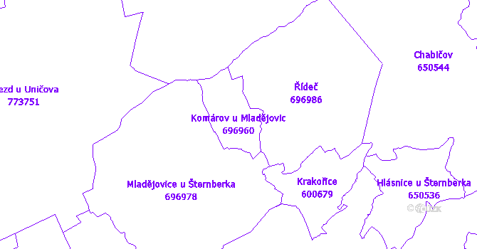 Katastrální mapa Komárov u Mladějovic - přehledová mapa katastrálního území