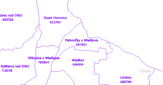 Katastrální mapa Petrovičky u Mladkova - přehledová mapa katastrálního území