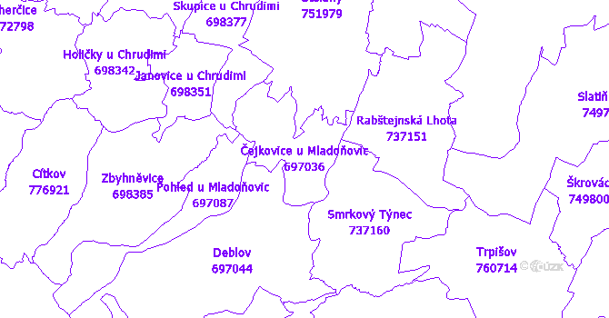 Katastrální mapa Čejkovice u Mladoňovic - přehledová mapa katastrálního území