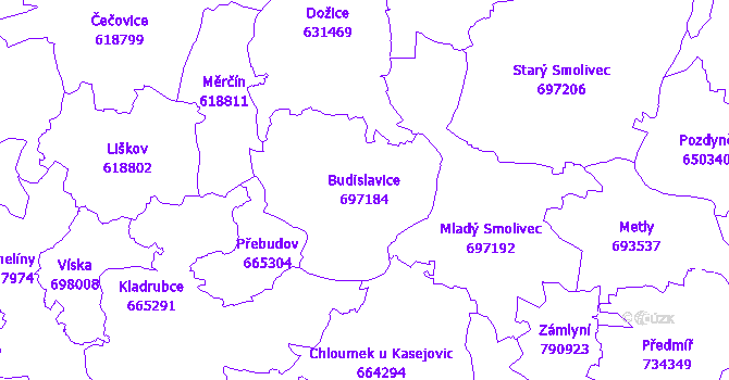 Katastrální mapa Budislavice - přehledová mapa katastrálního území