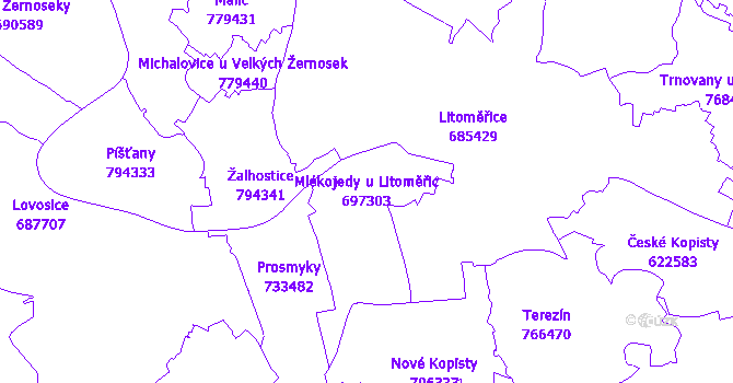 Katastrální mapa Mlékojedy u Litoměřic - přehledová mapa katastrálního území