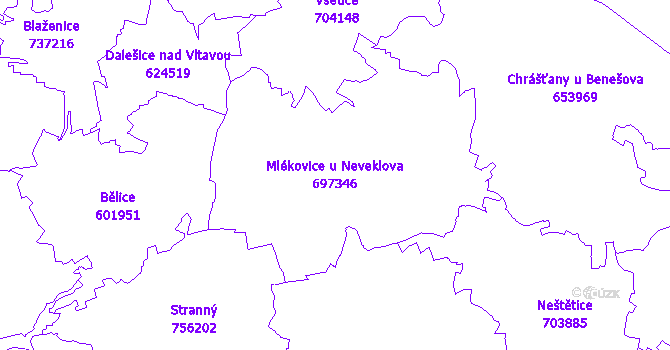 Katastrální mapa Mlékovice u Neveklova - přehledová mapa katastrálního území