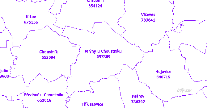 Katastrální mapa Mlýny u Choustníku - přehledová mapa katastrálního území