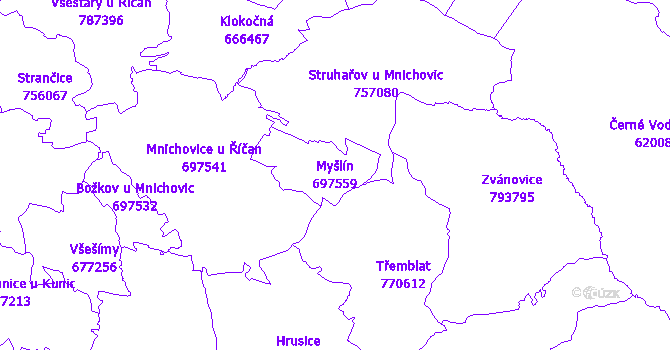 Katastrální mapa Myšlín - přehledová mapa katastrálního území