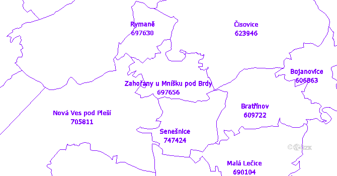 Katastrální mapa Zahořany u Mníšku pod Brdy - přehledová mapa katastrálního území