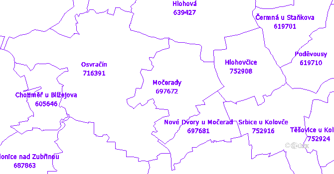 Katastrální mapa Močerady - přehledová mapa katastrálního území