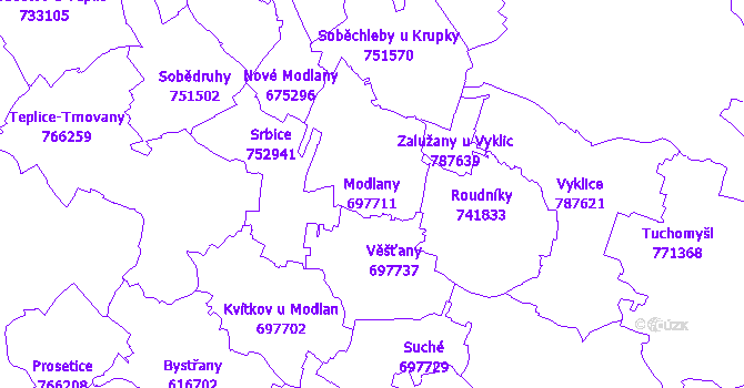 Katastrální mapa Modlany - přehledová mapa katastrálního území