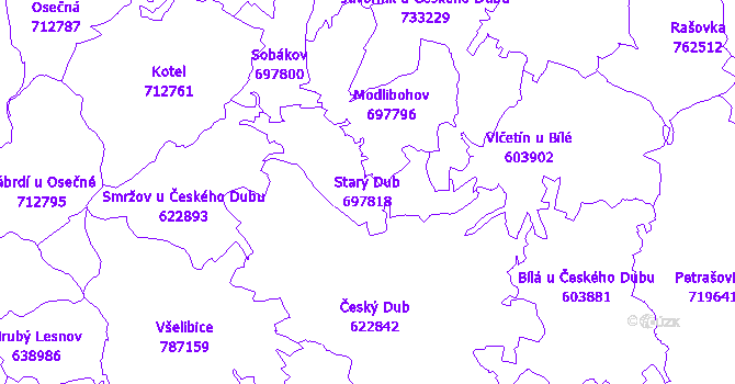 Katastrální mapa Starý Dub - přehledová mapa katastrálního území