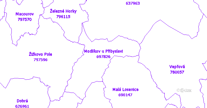 Katastrální mapa Modlíkov u Přibyslavi - přehledová mapa katastrálního území