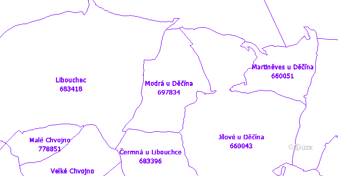 Katastrální mapa Modrá u Děčína - přehledová mapa katastrálního území