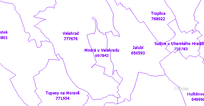 Katastrální mapa Modrá u Velehradu - přehledová mapa katastrálního území