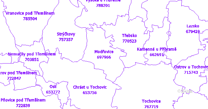 Katastrální mapa Modřovice - přehledová mapa katastrálního území
