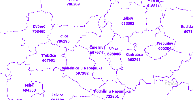 Katastrální mapa Čmelíny - přehledová mapa katastrálního území