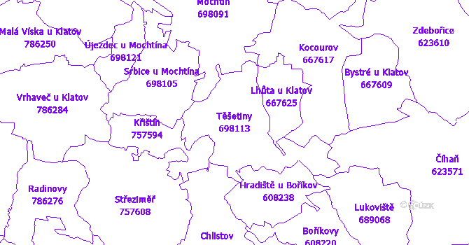 Katastrální mapa Těšetiny - přehledová mapa katastrálního území