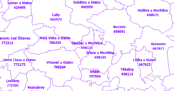 Katastrální mapa Újezdec u Mochtína - přehledová mapa katastrálního území