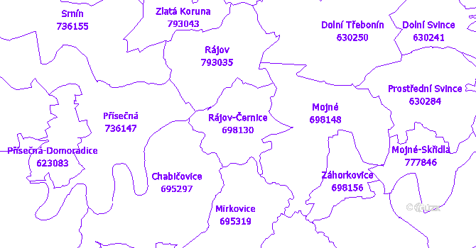 Katastrální mapa Rájov-Černice - přehledová mapa katastrálního území