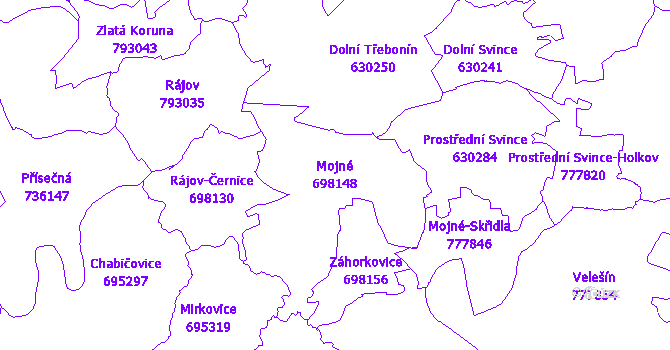 Katastrální mapa Mojné - přehledová mapa katastrálního území