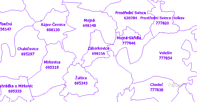 Katastrální mapa Záhorkovice - přehledová mapa katastrálního území