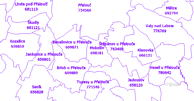 Katastrální mapa Mokošín - přehledová mapa katastrálního území