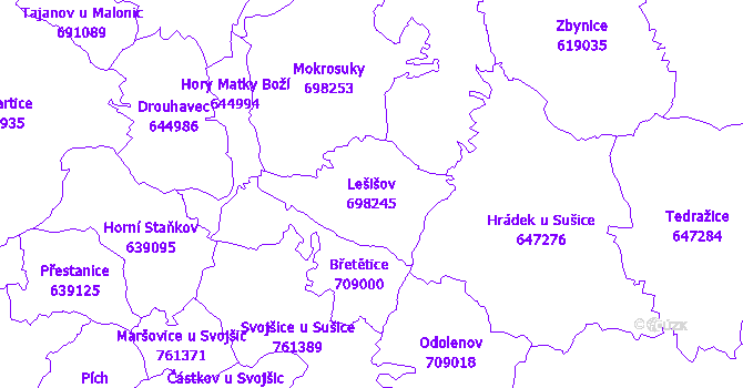 Katastrální mapa Lešišov - přehledová mapa katastrálního území