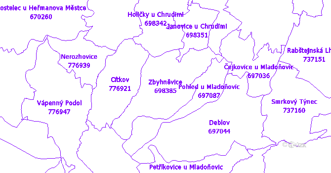 Katastrální mapa Zbyhněvice - přehledová mapa katastrálního území