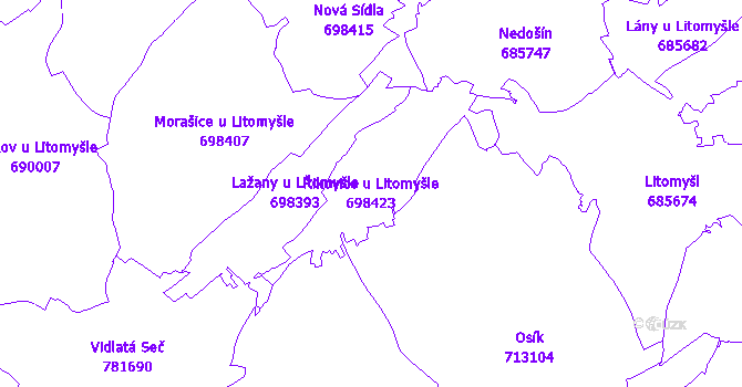 Katastrální mapa Řikovice u Litomyšle - přehledová mapa katastrálního území