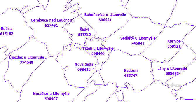 Katastrální mapa Tržek u Litomyšle - přehledová mapa katastrálního území