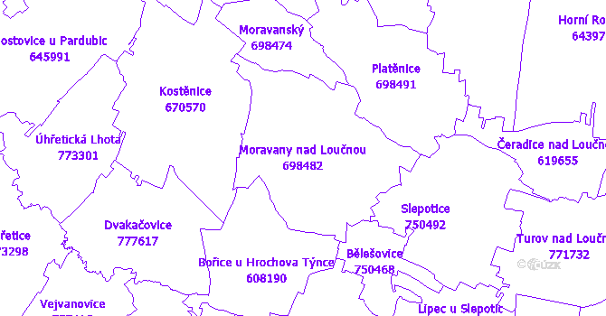 Katastrální mapa Moravany nad Loučnou - přehledová mapa katastrálního území