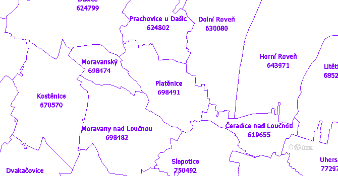 Katastrální mapa Platěnice - přehledová mapa katastrálního území