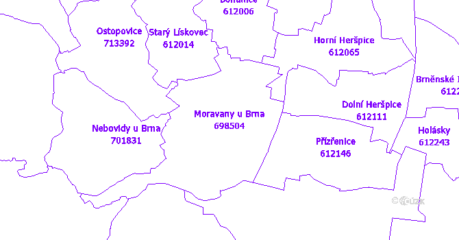 Katastrální mapa Moravany u Brna - přehledová mapa katastrálního území