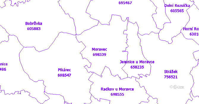 Katastrální mapa Moravec - přehledová mapa katastrálního území