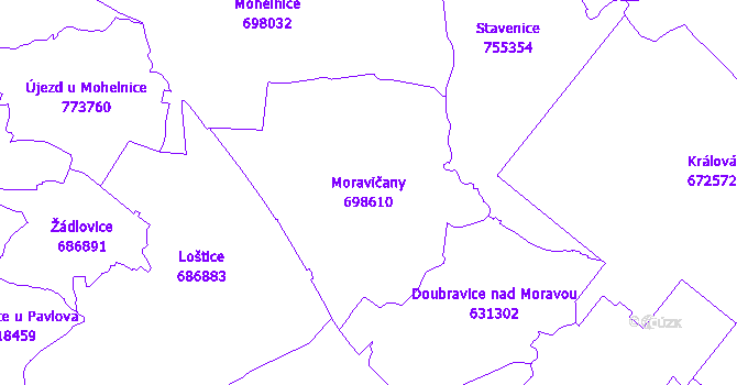 Katastrální mapa Moravičany - přehledová mapa katastrálního území
