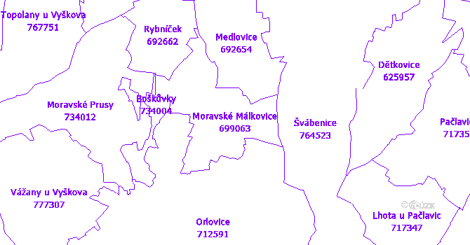 Katastrální mapa Moravské Málkovice - přehledová mapa katastrálního území