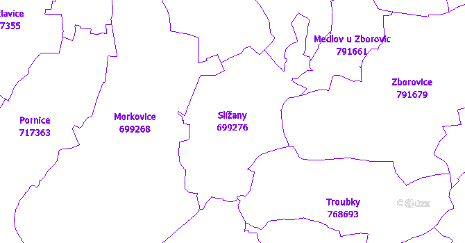 Katastrální mapa Slížany - přehledová mapa katastrálního území