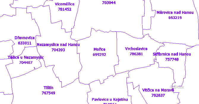 Katastrální mapa Mořice - přehledová mapa katastrálního území