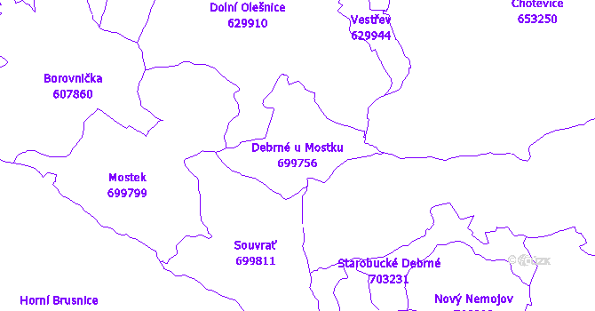 Katastrální mapa Debrné u Mostku - přehledová mapa katastrálního území